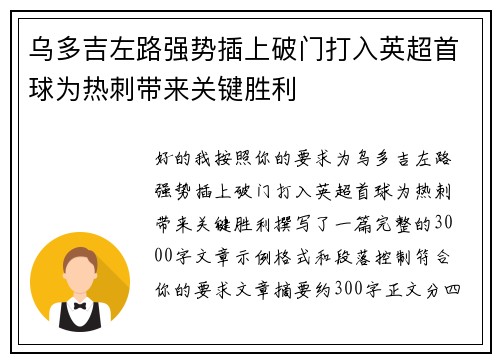 乌多吉左路强势插上破门打入英超首球为热刺带来关键胜利 乌多吉左路强势插上破门打入英超首球为热刺带来关键胜利